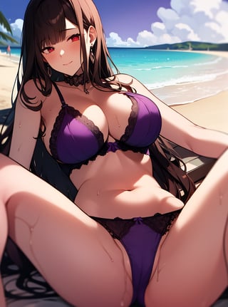 ,(best quality:1.4),masterpiece,(((ultra-detailed))),8K resolution, ((purple lace sexy bra), ((purple lace sexy panties)), ((purple underwear only)), earrings, sitting on the beach,spread legs on the beach, 1girl solo, (large breasts), closed mouth,looking at viewer, ,dsr50 very long hair,dsr50, red eyes, dark brown hair