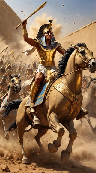 Ramses II: "Illustrate Ramses II, commanding his chariot at the Battle of Kadesh. His golden armor and royal headdress are intricately detailed, and his chariot horses gallop with fierce determination. The scene is alive with the clash of armies, dust and particles swirling, creating an epic portrayal of ancient Egyptian warfare."