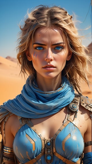 ultra detailed digital minimalistic line art watercolor render of a futuristic beautiful female desert nomad, detailed symmetric beautiful BLUE eyes, sand color clothes/ detailed gorgeous face, apocalyptic environment and sandstorm, splatter drippings, style of MAD MAX WORLD, style of Wadim Kashin, John William Waterhouse, Luminous Studio graphics engine centre image, dof, golden hour, 8k, soft lighting aesthetic, edge-to-edge print, volumetric lighting, TanvirTamim, cinematic, colorful background, concept art, dramatic lighting, high detail, highly detailed, hyper realistic, octane render, smooth, studio lighting, trending on artstation