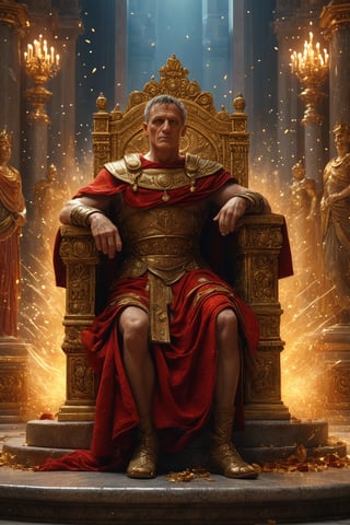 Julius Caesar sitting on the throne, The backdrop of a grand palace, with swirling particles adding to the regal atmosphere, makes him a majestic and commanding figure.
(best quality, 4K, 8K, high-resolution, masterpiece), ultra-detailed, intricate designed, vibrant colors, otherworldly appearance, glowing elements, complex patterns, dynamic lighting, cinematic composition, high detail, high resolution. The result should be a breathtaking image that immerses viewers in the world of ancient roman.