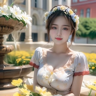 1girl, solo, breasts, looking at viewer, smile, brown hair, dress, brown eyes, flower, short sleeves, outdoors, lips, realistic, holding flower, head wreath