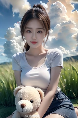 1girl, solo, breasts, looking at viewer, smile, large breasts, brown hair, shirt, brown eyes, sitting, closed mouth, white shirt, ponytail, short sleeves, outdoors, sky, day, cloud, blue sky, lips, watermark, stuffed toy, stuffed animal, cloudy sky, grass, t-shirt, teddy bear, holding stuffed toy