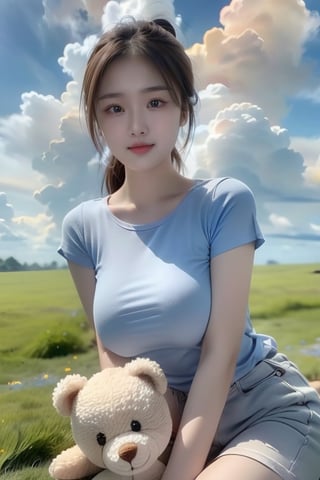 1girl, solo, breasts, looking at viewer, smile, large breasts, brown hair, shirt, brown eyes, sitting, closed mouth, white shirt, ponytail, short sleeves, outdoors, sky, day, cloud, blue sky, lips, watermark, stuffed toy, stuffed animal, cloudy sky, grass, t-shirt, teddy bear, holding stuffed toy