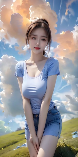 1girl, solo, breasts, looking at viewer, smile, large breasts, brown hair, shirt, brown eyes, standing, closed mouth, white shirt, ponytail, short sleeves, outdoors, sky, day, cloud, blue sky, lips, cloudy sky, grass, t-shirt