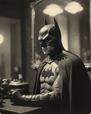 film still of [batman.fantasy], looking in the mirror, 70mm film, tritone color grading, deep focus, set in 1934