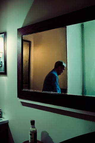 A grainy reflection in an old mirror, showing a person with a solemn expression looking at a camera in their hand, in a dimly lit room, with a film grain effect, in the style of Edward Hopper