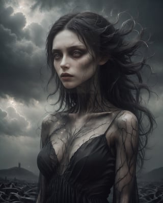 In front of a brooding cloudy sky, an eerie scene unfolds. Standing tall is a woman draped in a flowing black dress, her long hair cascading down her back. The image captures her as a female revenant, exuding an aura of ethereal darkness. Her face contorts with a hysterical expression, evoking a sense of anguish and torment. This mesmerizing image, potentially a haunting photograph, showcases Giger textures, adding a touch of otherworldly allure. The high-quality details vividly depict the contrast between her pale skin and the somber backdrop, immersing viewers in the enigmatic atmosphere of the scene.,LinkGirl