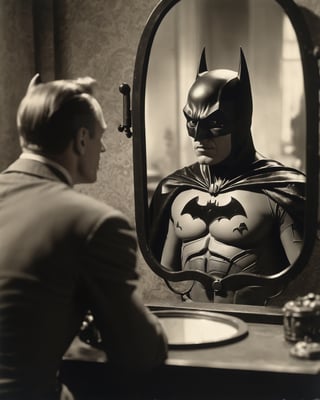 film still of [batman.fantasy], looking in the mirror, 70mm film, tritone color grading, deep focus, set in 1934