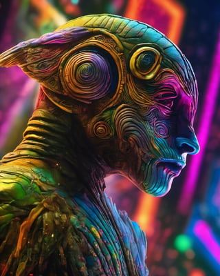 A  creature against a psychedelic background, in style bladerunner the movie, sculptural chaos,  digitalism, photorealistic paintings, 32k uhd, digital art marvels, conceptual artwork, hyperrealistic photography, ultra detailed