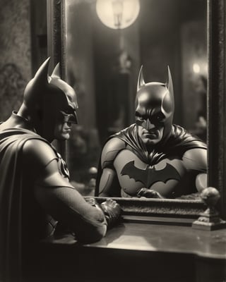 film still of [batman.fantasy], looking in the mirror, 70mm film, tritone color grading, deep focus, set in 1934