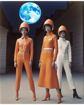 Beautiful models wearing "The moon girl" clothes collection by Courrèges soft focus photography, UHD, high resolution, architectural street dynamic ,rich, vivid contrast, depth of field, black tones, crisp, shot on 100mm, f/ 2. O, natural lighting, realistic, impressive, 8k, Photography By Guy Bourdin