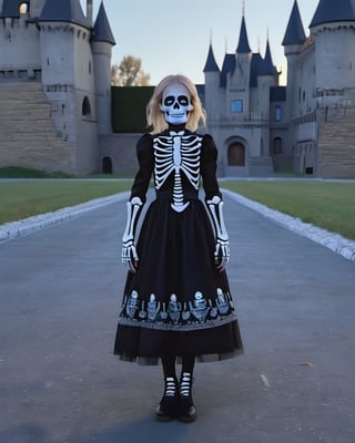 there is a girl in a dress and skeleton makeup standing in a street,  animated movie shot,  rendered with substance designer,  dia de muertos dress and make up,  a girl with blonde hair,  the blacksmits’ daughter,  highly detailed character sheet,  dark neighborhood,  background is Transylvanian castle,  cute character,  death and robots,  charlize,  standing in front,  dreamlike atmosphere,  illuminated by the light of an open window,  and a perfect balance between the light and the dark, detailmaster2, photo r3al,lun4