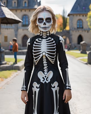 there is a girl in a dress and skeleton makeup standing in a street,  animated movie shot,  rendered with substance designer,  dia de muertos dress and make up,  a girl with blonde hair,  the blacksmits’ daughter,  highly detailed character sheet,  dark neighborhood,  background is Transylvanian castle,  cute character,  death and robots,  charlize,  standing in front,  dreamlike atmosphere,  illuminated by the light of an open window,  and a perfect balance between the light and the dark, detailmaster2, photo r3al,lun4