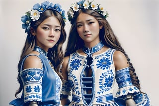 Upple portrait of a woman in a Delft's blue dress and a flower crown, young beautiful hippie girl, intrincate clothing, gemma chen, singer, wearing festive clothing, shipibo, white woman, 1 4. modern attire, mid length portrait photograph, a beautiful teen-aged girl