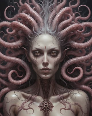 a close up of a painting of a woman with a bunch of tentacles, psytrance and giger, necromorph, fat ripped satanic creature, d cg, pillhead, muscular figure, atheism god, horror animatronic, ffffound, maternal, mike judge art style, tarot card the empress, sie boob