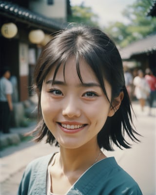 Portrait of happy japanese girl hyperrealistic surrealism Technicolor 8k  photorealistic photography Nikon on film Kodak Tri-X Pan 800 iso drawn in Style of Enki tBilal,LinkGirl,photo r3al