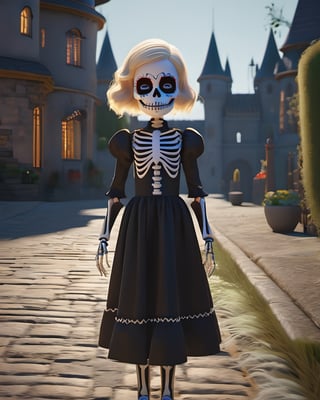 there is a girl in a dress and skeleton makeup standing in a street,  animated movie shot,  rendered with substance designer,  dia de muertos dress and make up,  a girl with blonde hair,  the blacksmits’ daughter,  highly detailed character sheet,  dark neighborhood,  background is Transylvanian castle,  cute character,  death and robots,  charlize,  standing in front,  dreamlike atmosphere,  illuminated by the light of an open window,  and a perfect balance between the light and the dark, detailmaster2, photo r3al