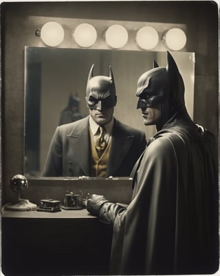 film still of [batman.fantasy], looking in the mirror, 70mm film, tritone color grading, deep focus, set in 1934