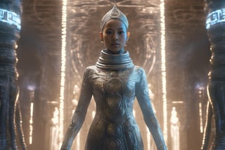 Photorealistic cyber monk girl in translucent neural habit engraved with alien scripture, standing full body as glowing energy phantom serpents coil around her. Towering geometric alien temples in background beam digital energy into sky. Crisp focus on girl, textured outfit, tangible serpent scales, sci-fi backdrop. Subtle cinematic lighting enhances atmospheric mood. VFX of spectral emissions from temples. Detailed 8K resolution CGI ,photo r3al