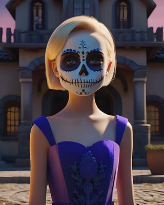 there is a girl in a dress and skeleton makeup standing in a street,  animated movie shot,  rendered with substance designer,  dia de muertos dress and make up,  a girl with blonde hair,  the blacksmits’ daughter,  highly detailed character sheet,  dark neighborhood,  background is Transylvanian castle,  cute character,  death and robots,  charlize,  standing in front,  dreamlike atmosphere,  illuminated by the light of an open window,  and a perfect balance between the light and the dark, detailmaster2, photo r3al