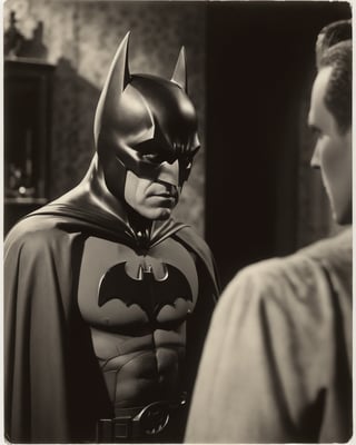 film still of [batman.fantasy], looking in the mirror, 70mm film, tritone color grading, deep focus, set in 1934