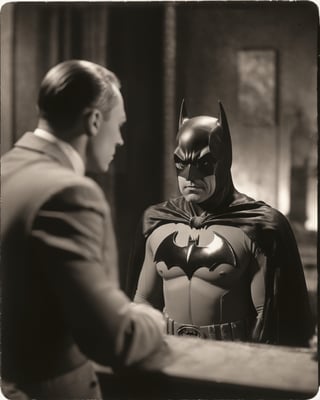 film still of [batman.fantasy], looking in the mirror, 70mm film, tritone color grading, deep focus, set in 1934