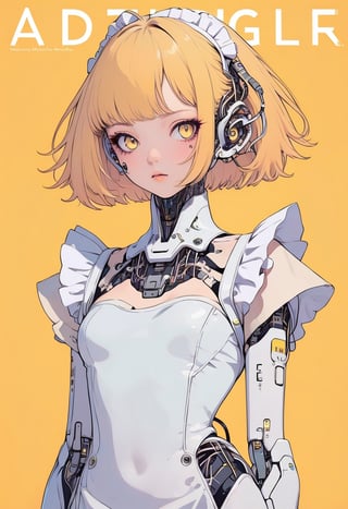 (magazine cover:1.4), simple background, 
1girl, solo, cybernetic, cyborg, (yellow short hair:1.1), txznmec, ,Maid uniform, 