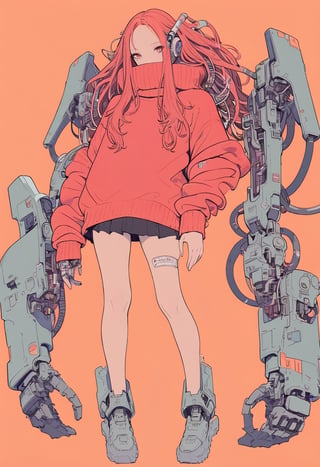 (magazine cover:1.4),
1girl with her hands crossed in front of her chest, , solo, cyber, cybernetic, looking at viewer, (red long hair:1.1), full body, with an incredibly huge mechanical arm behind her. The sturdy black mechanical arm features tank-like armor and a turret-like weapon, red sweater, 
txznmec, ,virgin destroyer sweater