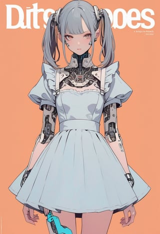 (magazine cover:1.4), simple background, 
1girl, solo, cybernetic, cyborg,  txznmec, ,Maid uniform, ,txznf