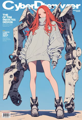 (magazine cover:1.4),
1girl with her hands crossed in front of her chest, , solo, cyber, cybernetic, looking at viewer, (red long hair:1.1), full body, with an incredibly huge mechanical arm behind her. The sturdy black mechanical arm features tank-like armor and a turret-like weapon, 
txznmec, ,virgin destroyer sweater