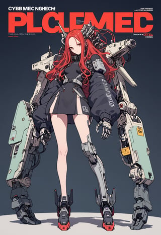 (magazine cover:1.4),
1girl with her hands crossed in front of her chest, , solo, cyber, cybernetic, looking at viewer, (red long hair:1.1), full body, with an incredibly huge mechanical arm behind her. The sturdy black mechanical arm features tank-like armor and a turret-like weapon, 
txznmec, female bp outfit