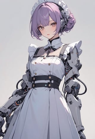 (magazine cover:1.4), simple background, 
1girl, solo, cybernetic, cyborg, (yellow short hair:1.1), txznmec, ,Maid uniform, mechanical arms