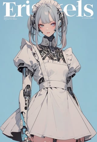 (magazine cover:1.4), simple background, 
1girl, solo, cybernetic, cyborg,  txznmec, ,Maid uniform, ,txznf