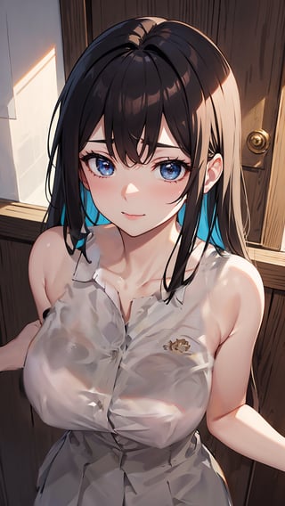 school_girl, school_uniform, white skin, expert shading, intense bright, shirt, collared shirt, white collared shirt, oversized_clothes, huge breasts, buttoned shirt, shining shirt, sunshine, sunlight, school uniform, acjc,acjc