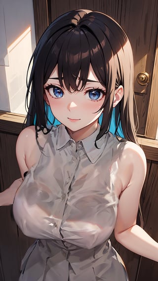 school_girl, school_uniform, white skin, expert shading, intense bright, shirt, collared shirt, white collared shirt, oversized_clothes, huge breasts, buttoned shirt, shining shirt, sunshine, sunlight, school uniform, acjc,acjc