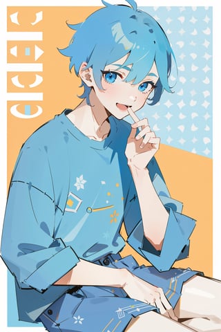 masterpiece, best quality, highres:1.3), ultra resolution image, (Detailed facial expressions), teenager, (1boy), ((solo)), 12 years old, light_blue_hair, blue eyes, shirt, shorts, side part haircut, Top length covers the pants, laugh, ((happy)), ((pattern background)), midjourney , masterpiece