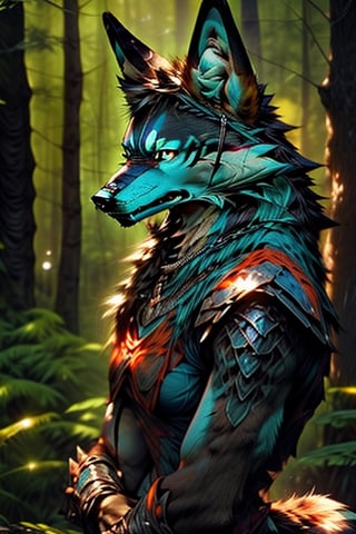 ultra hires,  ultra detailed,  masterpiece,  best quality, human hybrid, wolf woman, fluffy wolf tail,  wolf ears, furry chest, silver fur with teal streaks and orange tufts, colorful,  bright forest background, decorative armor, green theme, exposure blend,  medium shot,  bokeh,  (hdr:1.4),  high contrast,  (cinematic,  teal and orange:0.85),  (muted colors,  dim colors,  soothing tones:1.3),  low saturation, Japanese scene, large armored breasts, human hips, tall, slender physique, wide hips, chest armor