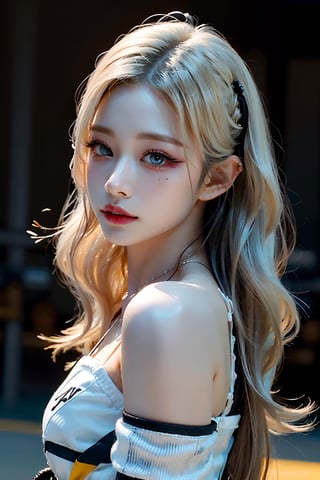 (emo art:1.6), (realistic), (hyperrealism), (photorealistic:1.4),waist shot, (upper body shot:1.6), 1girl, solo, a stunning pretty Japanese girl, 20yo, cute round face, pretty face, long hair, breasts, busty, skinny, looking at viewer, smile, (blond ehair:1.4), (platinum blonde long wavy curly hair:1.4), big boob, cleavage, eyeshadow, eyeliner, gal makeup, makeup, loose wavy long hair:1.3, teeth, necklace, evil smile, realistic, frame the head, watch, eye makeup, detailed eyes, detailed face, (upper body:1.2), detailed background, wearing a (pin stripped patter printed baseball uniform),(shite and black theme), night, massage room, (standing with V arms:1.3), (streaked hair:1.2), ("Incredibly slim waist with disproportionately large breasts, and rounded large buttocks,"), 
BREAk, 
masterpiece, best quality, ultra high res, ultra detailed, face focus, sharp focus, 16k, ultra fine picture, photorealistic, realistic, perfect anatomy, ,1 girl,ITZY Yuna,KimTaeyeon,koh_yunjung,Enhance,cute eyes,photo of perfecteyes eyes,Makeup