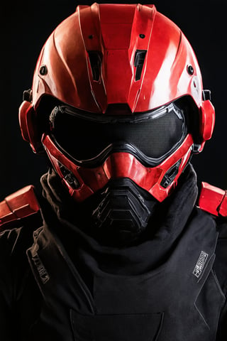 A close-up shot of a soldier's helmet, featuring a red power armor suit with a black mask covering their face. The lighting is dimly lit with a warm glow, highlighting the metallic texture of the armor. The composition is tight, focusing on the details of the helmet and mask. The subject, the soldier, is in a neutral pose, looking straight ahead.,snukp,helmet with mask