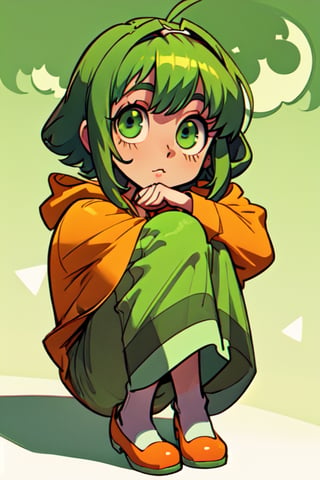 (best quality, masterpiece), soft lighting, dynamic upper angle, 1girl, solo girl, Megpoid Gumi, beautiful short hair with two large bangs, beautiful detailed eyes, simple design, rounded boobs, upper view, green hair, green eyes, (hooded pijama), hood on head, hugging pose, deep shadows in the eyes, full body portrait, cute face proportions, shape language, GUMI