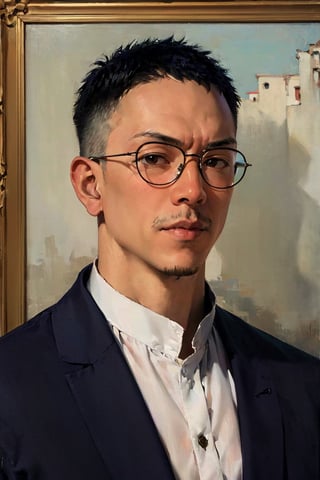 Asian man, handsome, stubble  , upper_body  , classical glasses, classical wearing , oil painting 