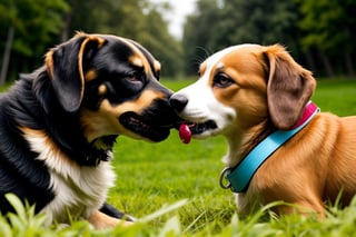 
background is grass,
baby dog, (they is kissing each other:1.3), one dogwas smile, another dogwas angry, one dogwas putted a vine into  another s mouth,