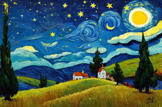 painting of a starry night, swirling stars and sky, bright yellow crescent moon, rolling hills, small village with a church, tall dark cypress trees, post-impressionist art style, inspired by van gogh