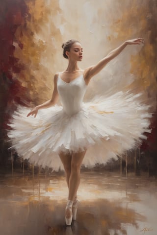 A majestic ballerina poised en pointe, her porcelain skin glistening in the soft, golden light that dances across her form. Her pure white tutu billows behind her like a cloud, while her strong, lithe body seems to defy gravity. Rich burgundy hues and ivory accents harmonize in the background, a subtle yet striking contrast to the ballerina's radiant beauty. Heavy brushstrokes and impasto textures imbue the scene with depth and tactility, as if the artist's strokes are still wet on the canvas. The ballerina's elegant form is captured in exquisite detail, her muscles rippling beneath her skin like a living, breathing sculpture.