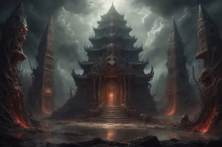 abstract, masterpiece, best quality, horror art landscape, complex biomechanicals monuments, eerie, demon temple