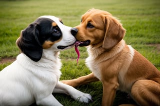 
background is grass,
baby dog, (they is kissing each other:1.3), one dogwas smile, another dogwas angry, one dogwas putted a vine into  another s mouth,