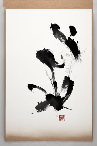 A dramatic Korean-inspired artwork features a bold, single-stroke brush stroke on a textured paper background, blending seamlessly into the white and black hues. The intense, ink-smeared strokes evoke a sense of movement and emotion, as if the artist's energy has been transferred to the canvas. Framed by the subtle contrast between light and dark, the piece exudes an old-world feeling, reminiscent of traditional Korean art.