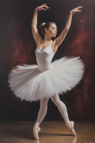 "Create a fine art classic oil painting of a graceful ballerina in an elegant pose, wearing a pure white tutu and pointe shoes. The painting should feature prominent, visible brush strokes, heavy impasto textures, and a soft, dreamy quality. Use rich, deep colors and chiaroscuro to enhance the painterly effect, making the image appear as if it was created with traditional oil painting techniques. The dancer's form is captured with exquisite detail, showcasing the fluidity and strength of her movements. The background is a rich burgundy with soft ivory accents, emphasizing the ballerina as the focal point. Lighting is soft yet dramatic, highlighting the contours and muscle definition of the dancer's body. The overall composition is minimalist, focusing on the beauty and poise of the ballet pose. "