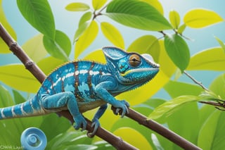 Chameleon sitting on tree branch, rainforest, cool green leaves, blooming flowers, fantasy, big information, bright yellow, pastel blue, pastel pink, ocean blue turquoise, bright orange, green, white dominant color palette, acrylic, photography, HD , 4k, sharpness, realistic, ultra wide, wide angle, cinematic, ambient light, bright border, edge emphasis, contrast, high resolution, high contrast, high detail, high texture, surreal high quality model, ultra high quality, golden ratio, pseudo detail, pixiv fan box trend, acrylic palette knife, studio style Makoto Shinkai Ghibli Kenshin Impact James Gilead Gregg Rutkowski Chiho Aoshima, watercolor, Artstation trend, sharp focus, studio photography, intricate details, ultra-details, Author: ChiliKiri, Mysterious