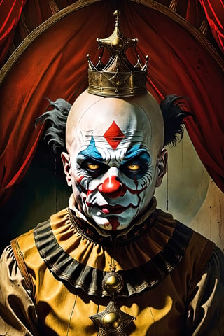 Within a desolate and decaying circus tent, the faded remnants of joy now corrupted by the terrifying aura of the bald clown.
The bald clown stands ominously, its features warped into a grotesque parody, sending shivers down the spine of any unfortunate observer.

In a world where the circus is a macabre theater of horrors, the bald clown becomes the twisted star of this surreal and chilling spectacle.

The circus tent is tattered and worn, with eerie shadows dancing across the cracked and faded surfaces, amplifying the nightmarish atmosphere.

Harsh and surreal lighting casts deep shadows, accentuating the eerie features of the bald clown, creating a scene that blurs the line between nightmare and reality.

 Drawing inspiration from the macabre brilliance of Zdzisław Beksiński, renowned for his surreal and disturbing artworks.

Executed as an oil painting, the details of the bald clown are meticulously rendered, capturing the horror in every stroke, reminiscent of Beksiński's nightmarish visions.

Utilizing traditional oil painting techniques to bring out the texture and depth in the grotesque portrayal.

A high-definition masterpiece, showcasing the horror in vivid detail, immersing the viewer in the unsettling world of the distorted circus.

Dark and desaturated tones dominate, with sporadic bursts of sickly greens and unsettling purples, enhancing the nightmarish ambiance.

None, relying solely on the artist's hand to convey the terror through traditional artistic methods.
A top-tier artwork with an emphasis on realism and the ability to evoke visceral fear.
Cinematic oil painting still, intense chiaroscuro lighting within a decaying circus tent, close-up of the bald clown's distorted features, Zdzisław Beksiński-inspired masterpiece, high definition, detailed texture, dark and surreal color palette, traditional art medium, capturing the horrifying realism.